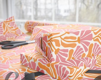 Papel de regalo retro con motivos florales, papel de regalo retro, papel de regalo floral, papel de regalo floral abstracto, papel de regalo floral rosa y naranja