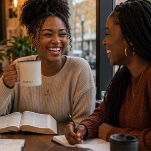 May include: A white speckled ceramic mug with the text Proverbs 3:5-6 printed in black. The mug features a cylindrical shape and a handle, held by a person wearing a beige knit jumper. The mug is positioned near an open book on a wooden surface.