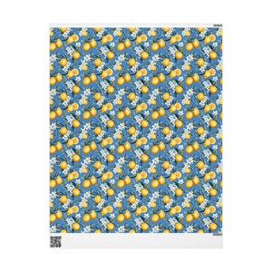Lemon and Blue Wrapping Paper, Lemon Floral Wrapping Paper, Wrapping Paper Roll, Blue Wrapping Paper, Floral Citrus Wrapping Paper 30" x 36"