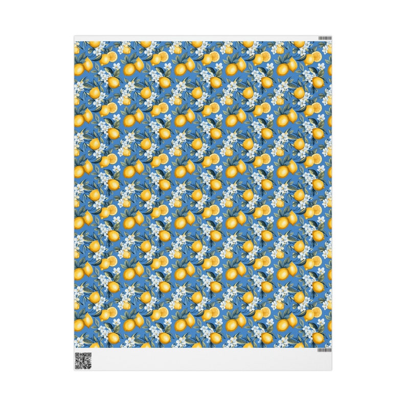 Lemon and Blue Wrapping Paper, Lemon Floral Wrapping Paper, Wrapping Paper Roll, Blue Wrapping Paper, Floral Citrus Wrapping Paper 30" x 36"