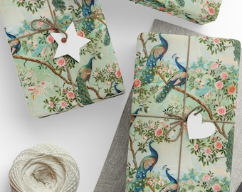 Pfau Chinoiserie Geschenkpapier, salbeigrünes Chinoiserie Geschenkpapier, Geschenkpapierrolle