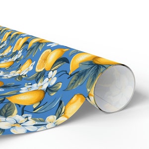 Lemon and Blue Wrapping Paper, Lemon Floral Wrapping Paper, Wrapping Paper Roll, Blue Wrapping Paper, Floral Citrus Wrapping Paper image 3