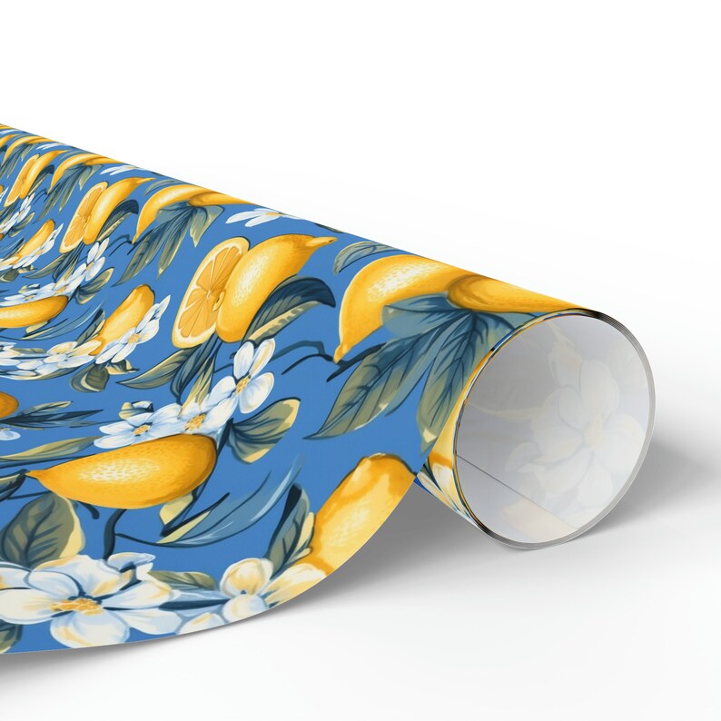 Lemon and Blue Wrapping Paper, Lemon Floral Wrapping Paper, Wrapping Paper Roll, Blue Wrapping Paper, Floral Citrus Wrapping Paper image 3