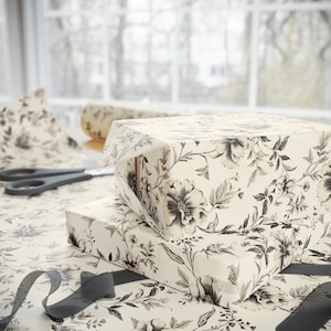 Black and Beige Floral Wrapping Paper, French Toile Style Floral Wrapping Paper, Wrapping Paper Roll, Toile Wrapping Paper
