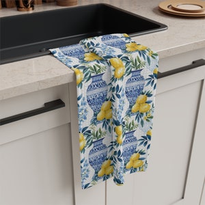 Lemon Tea Towel, Blue Vase Tea Towel, Lemon and Blue Vase Tea Towel, Cute Tea Towel, Kitchen Towel