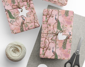 Rosa Chinoiserie Pfau Geschenkpapier, Pfau Chinoiserie Geschenkpapier, Vintage Chinoiserie Geschenkpapier, Chinoiserie Geschenkpapier