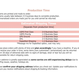 May include: An informational graphic with black text on a white background. It lists Production Time, Estimated Shipping Times for USPS, UPS, and DHL, and policies regarding order deadlines, returns, shipping delays, and address confirmation.
