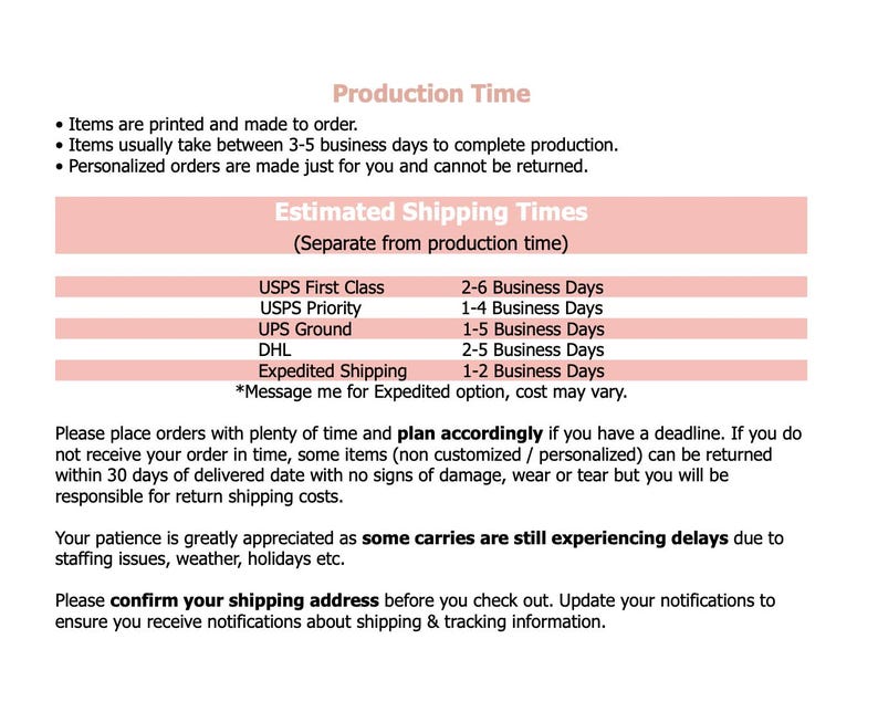 Peut inclure: Un graphique rose et blanc avec le texte "Production Time" et "Estimated Shipping Times". Le graphique liste les d&eacute;lais de livraison estim&eacute;s pour diff&eacute;rents transporteurs, notamment USPS First Class, USPS Priority, UPS Ground, DHL et Expedited Shipping. Le graphique indique &eacute;galement que les commandes personnalis&eacute;es sont faites juste pour vous et ne peuvent pas &ecirc;tre retourn&eacute;es.