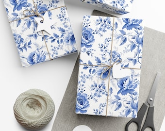 Papel de regalo con motivos florales azules, papel de regalo con motivos florales Toile azules, papel de regalo con motivos florales, papel de regalo azul y blanco