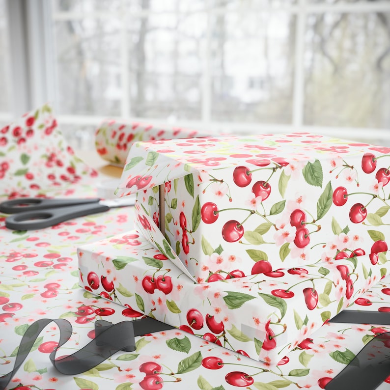 Cherry Wrapping Paper, Floral Wrapping Paper, Birthday Wrapping Paper, Bridal Wrapping Paper, Cute Wrapping Paper, Gift Wrap image 1