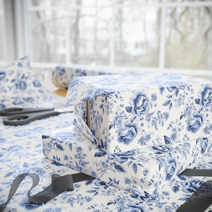 Blue and White Floral Toile Style Wrapping Paper, Floral Wrapping Paper, Blue and White Wrapping Paper Roll, Floral Gift Wrap