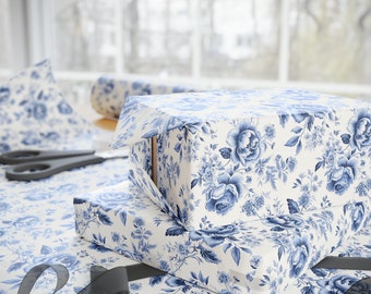 Blue and White Floral Toile Style Wrapping Paper, Floral Wrapping Paper, Blue and White Wrapping Paper Roll, Floral Gift Wrap