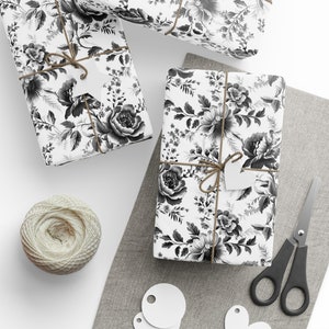 Black and White Floral Wrapping Paper, Floral Toile Style Wrapping Paper, Chinoiserie Floral Wrapping Paper, Black and White Wrapping Paper