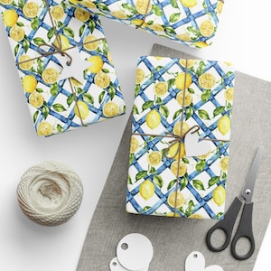 Zitronen Geschenkpapier, Zitrone auf Criss Cross Blau Geschenkpapier, Zitronen Geschenkpapier, Geschenkpapierrolle
