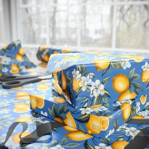 Lemon and Blue Wrapping Paper, Lemon Floral Wrapping Paper, Wrapping Paper Roll, Blue Wrapping Paper, Floral Citrus Wrapping Paper image 7