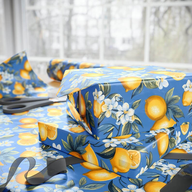 Lemon and Blue Wrapping Paper, Lemon Floral Wrapping Paper, Wrapping Paper Roll, Blue Wrapping Paper, Floral Citrus Wrapping Paper image 7