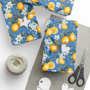 Lemon and Blue Wrapping Paper, Lemon Floral Wrapping Paper, Wrapping Paper Roll, Blue Wrapping Paper, Floral Citrus Wrapping Paper image 2
