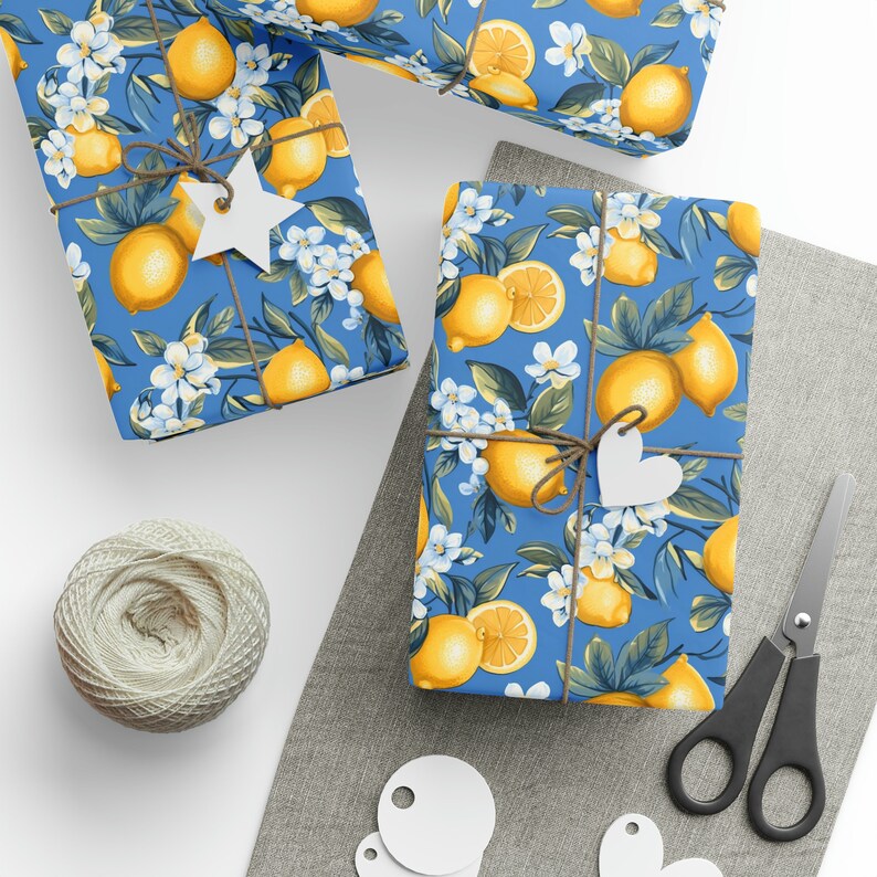 Lemon and Blue Wrapping Paper, Lemon Floral Wrapping Paper, Wrapping Paper Roll, Blue Wrapping Paper, Floral Citrus Wrapping Paper image 2