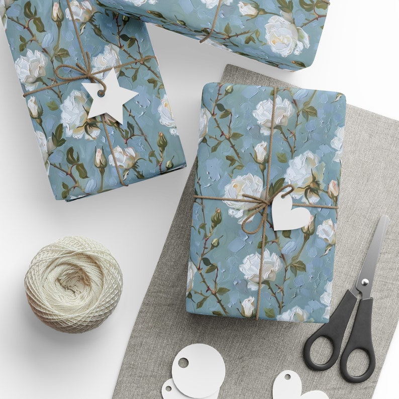 White Roses on Blue Wrapping Paper, White Roses Painting Wrapping Paper ...