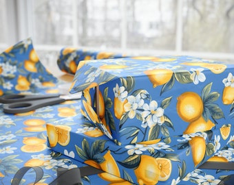 Lemon and Blue Wrapping Paper, Lemon Floral Wrapping Paper, Wrapping Paper Roll, Blue Wrapping Paper, Floral Citrus Wrapping Paper