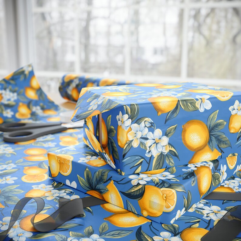 Lemon and Blue Wrapping Paper, Lemon Floral Wrapping Paper, Wrapping Paper Roll, Blue Wrapping Paper, Floral Citrus Wrapping Paper image 1