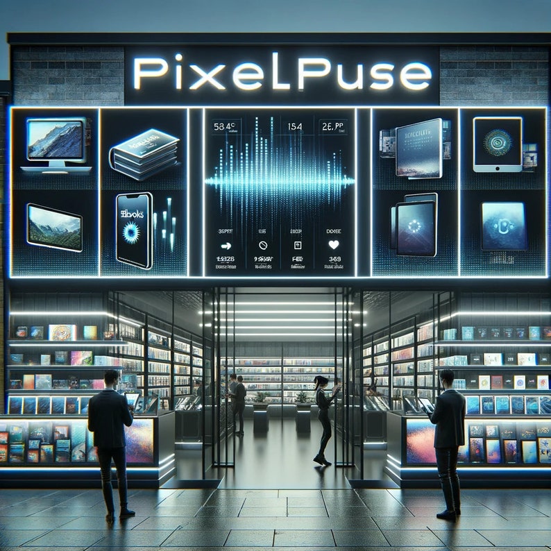 May include: Exterior shot of a modern store with the name "PixelPulse" in illuminated letters. The storefront features digital displays showcasing books and data visualizations. Inside, shelves are filled with books, and customers browse the selection.