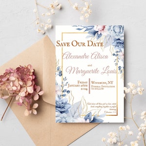 Witte bronzen bloemen bruiloft Save The Date, christelijke huwelijksuitnodiging, afdrukbare huwelijksuitnodiging, op bestelling gemaakt digitale download