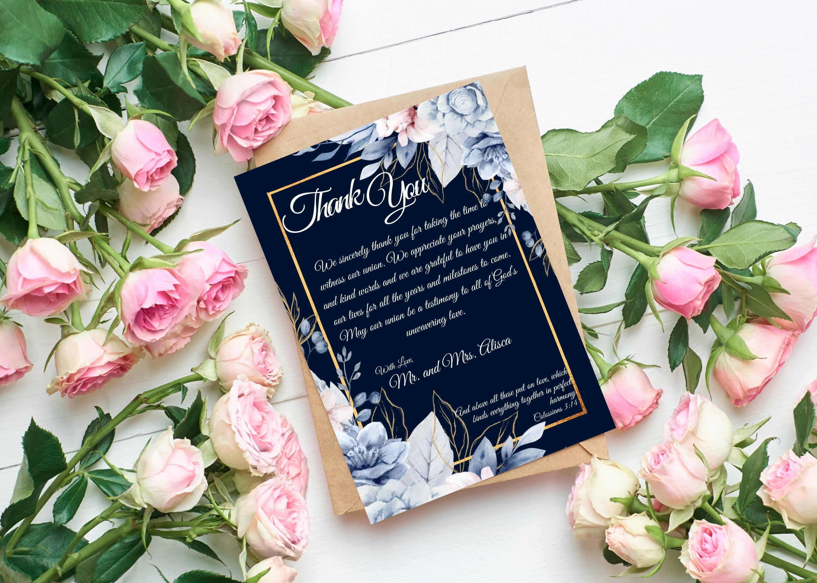 Navy Blue Floral Wedding Thank You Card, Christian Wedding Invitation, Printable  Wedding Invitation, Made to Order Digital Download - Etsy, image size:2800x2000