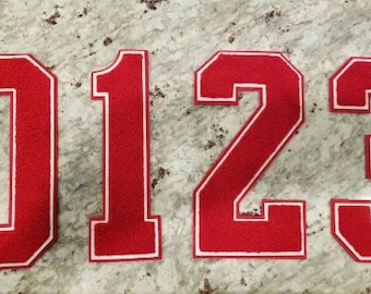 Red chenille 8" with white and red trim numbers; Iron on; Cheer; Sports; Fraternity; Sorority; Jackets; Sweaters