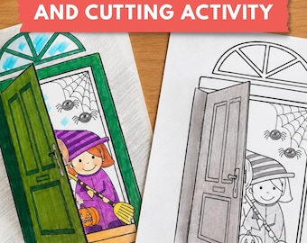 Halloween Coloring and Cutting Activity, Printable Interactive Door Craft for Kids, Halloween Activity, Digital Download