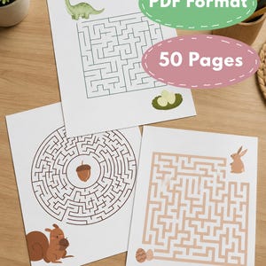 May include: Three white sheets of paper featuring printed maze puzzles for children. One sheet shows a green dinosaur and eggs, another a circular maze with a squirrel and acorn, and the third a square maze with a rabbit and eggs. Text reads PDF Format 50 Pages.