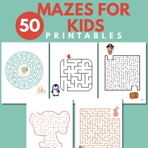 May include: A collection of 50 printable mazes for kids featuring various designs including a circular maze, a square maze with a penguin and bird, a pirate-themed maze, an elephant-shaped maze, and a rectangular maze with a rabbit.
