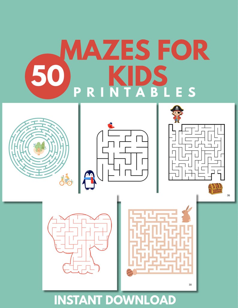 May include: A collection of 50 printable mazes for kids featuring various designs including a circular maze, a square maze with a penguin and bird, a pirate-themed maze, an elephant-shaped maze, and a rectangular maze with a rabbit.