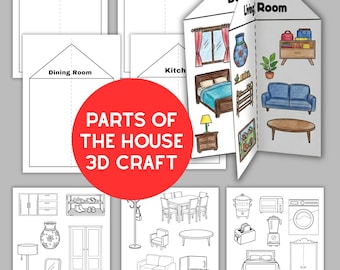 3D Parts of the House Craft Activity, Printable Paper Dollhouse, Rooms Coloring Page for Kids