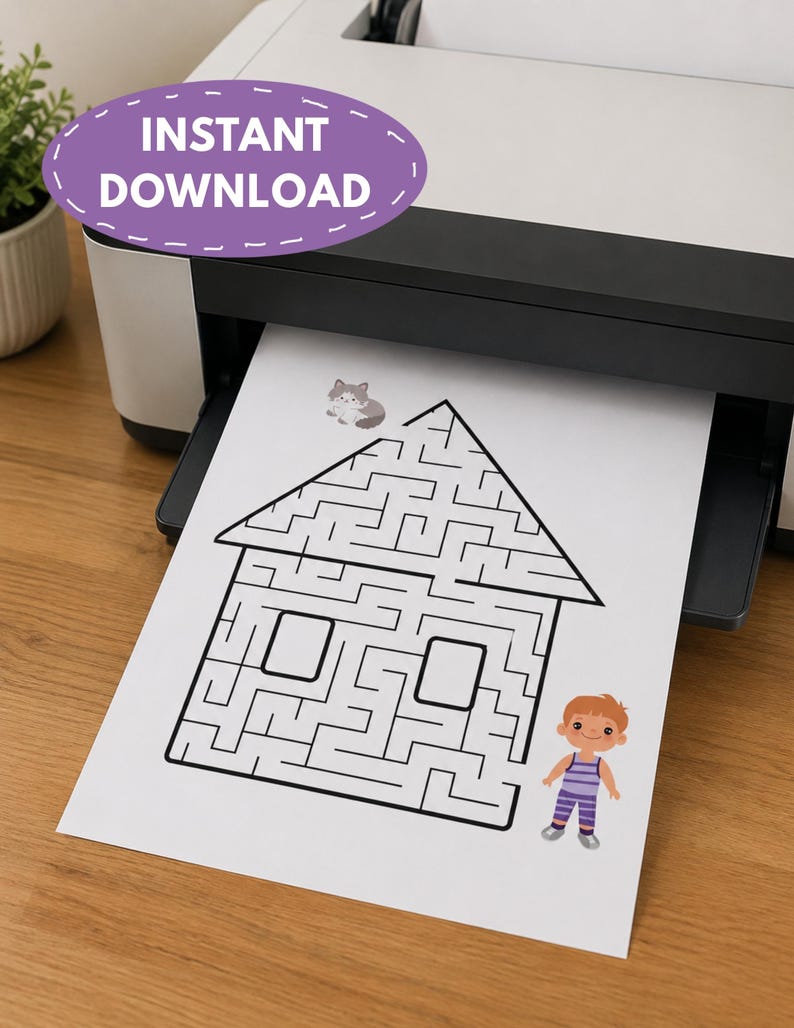 May include: A white sheet of paper featuring a black line drawing of a house-shaped maze, a small illustration of a cat on the roof, and a cartoon character wearing a purple striped shirt and pants standing to the right of the house structure.