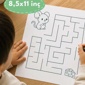 May include: A white paper activity sheet measuring 8.5x11 inches featuring a black line drawing of a mouse, a maze, and a piece of cheese. The maze occupies the center of the page, with the mouse positioned in the upper left corner and the cheese in the lower right corner.