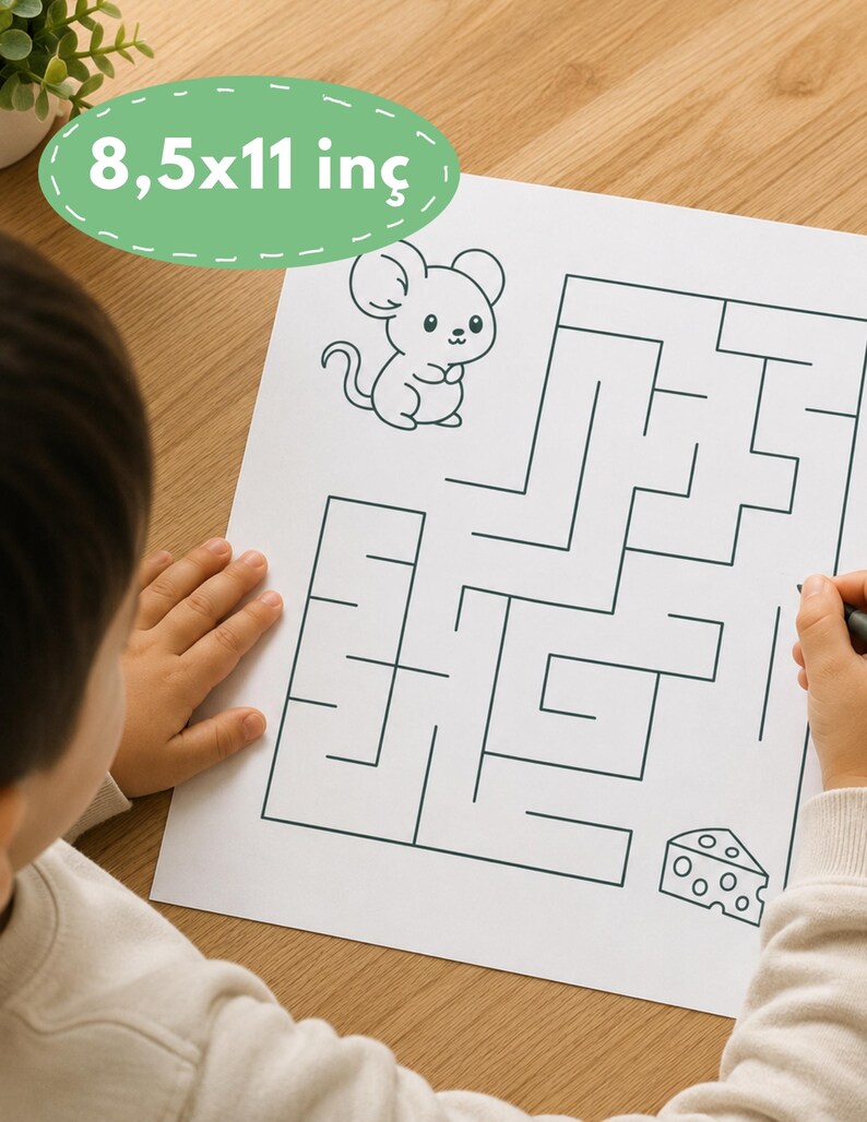 May include: A white paper activity sheet measuring 8.5x11 inches featuring a black line drawing of a mouse, a maze, and a piece of cheese. The maze occupies the center of the page, with the mouse positioned in the upper left corner and the cheese in the lower right corner.