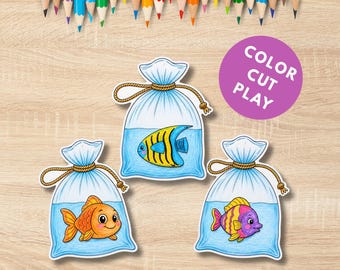 10 Cute Fish Printable Craft, Color Cut Play Activity, Fish Bowl Coloring Pages, Ocean Animal Activity for Kids, Digital Download