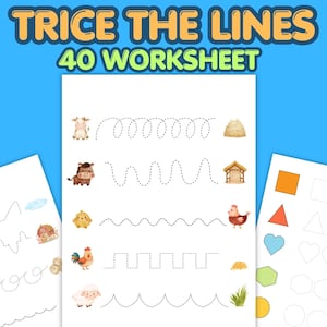 May include: A worksheet with the text "TRICE THE LINES 40 WORKSHEET" features farm animals and dotted lines for tracing. Includes a cow, horse, chick, rooster, and sheep. Additional shapes are on the right.