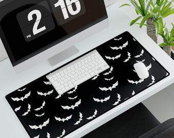 Black and White Bat Print Desk Mat Gothic Office Mouse Pad Halloween Decor