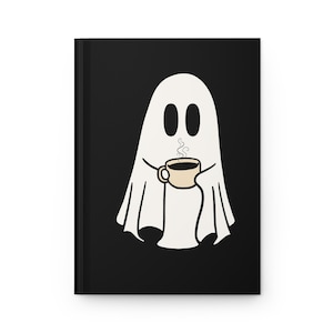 Ghost Drinking Coffee Hardcover Journal, Spooky Notebook, Halloween Diary, Black Aesthetic Sketchbook, Goth Writing Journal