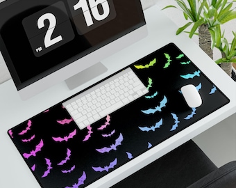 Black and Rainbow Bat Print Desk Mat, Colorful Mouse Pad, Office Accessories, Computer Desk Decor, Office Decor