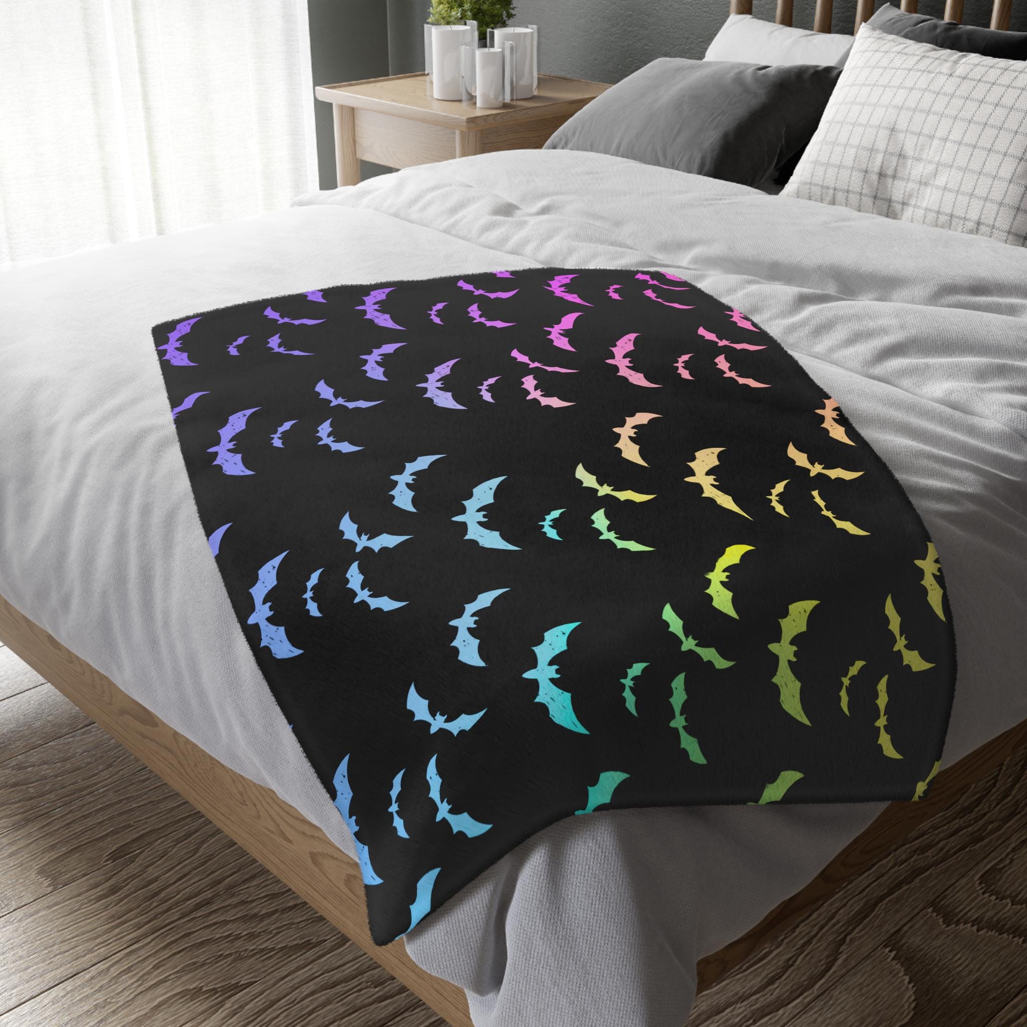 Rainbow Bat Blanket Pastel Goth Throw, Cozy Halloween Decor, Cute Spooky Microfiber Blanket