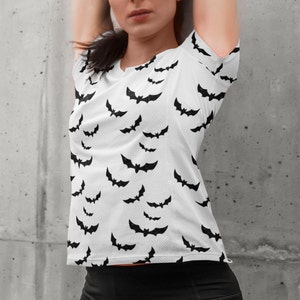 Bat Print Women&#39;s Shirt, Halloween Graphic Tee, All-Over Bat Pattern, Spooky Gift for Her