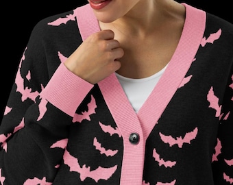 Pastel Goth Bat Cardigan – Soft Jacquard Knit | Cozy Cute Sweater | Black & White Bat Print | Spooky Pastel Aesthetic | Unisex Layer