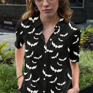 Bat Print Hawaiian Shirt, Black Button-Up Shirt with White Bat Print, Halloween Costume, Spooky Apparel, Tropical Button-Down, Unisex Summer