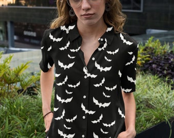 Bat Print Hawaiian Shirt, Black Button-Up Shirt with White Bat Print, Halloween Costume, Spooky Apparel, Tropical Button-Down, Unisex Summer