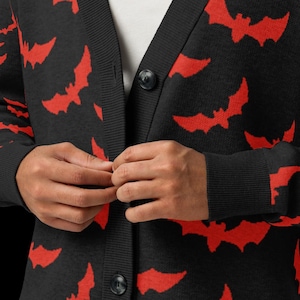 Red Bat Gothic Cardigan, Black Knit Bat Sweater, Spooky Knitwear, Pastel Goth Clothing, Halloween Cozy Layer
