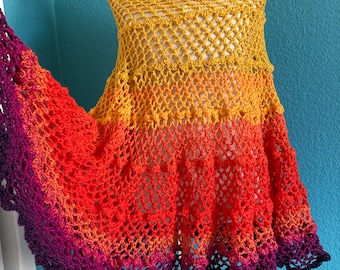 Handmade Crochet Lacy Poncho Cotton in Summer Sunset