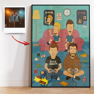 May include: A framed poster featuring cartoon characters and the text "METALLKA", "SLAVOR", and "BLACK SABBATH". The poster includes a photo of two people and the text "WILL and LUCAS". The characters are playing video games.
